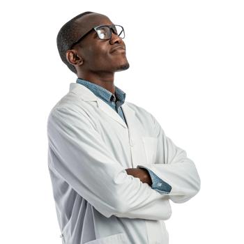 confident scientist in lab coat, showcasing sense of pride and innovation in biotechnology png