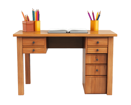 wooden teacher desk with drawers, open book, and colorful pencils in containers. Ideal for educational settings and study environments png