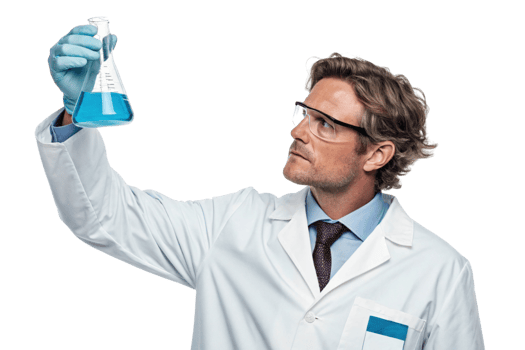 scientist examines blue liquid in laboratory flask, showcasing biotechnology research and innovation png