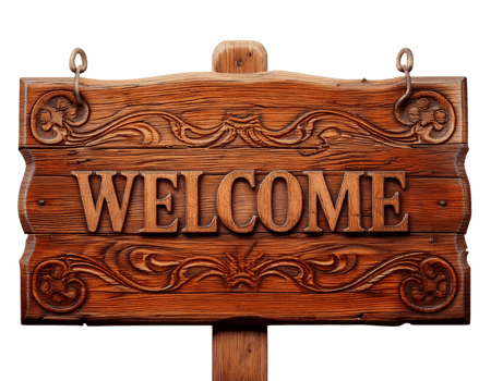 rustic wooden welcome sign with intricate carvings and warm tone. Perfect for home decor or hospitality settings png