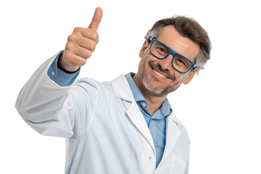 Smiling scientist giving thumbs up, showcasing enthusiasm for biotechnology and research in lab setting png