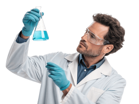 scientist in lab coat examines blue liquid in flask, showcasing biotechnology research and experimentation png