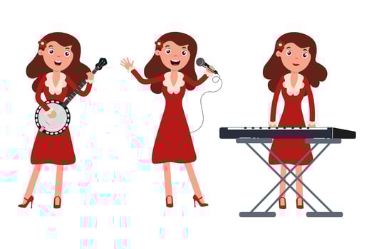 Young woman performing music with various instruments in a cheerful and colorful setting vector