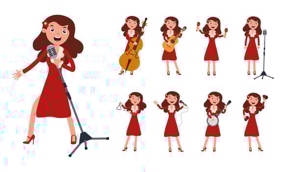 Animated musician performing with various instruments in a lively setting vector