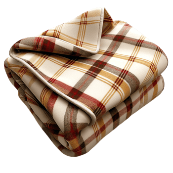 Cozy tartan throw blanket folded neatly, promising comforting warmth relaxation for chilly winter nights. png