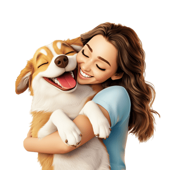 Young woman gently embraces her fluffy dog, radiating warmth, companionship, the deeply cherished humananimal bond. png