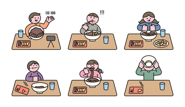 A fun illustration featuring people enjoying a meal, including eating noodles, food reactions, and mukbang. Perfect for food-related content, social media, and restaurant themes. vector