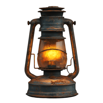 Antique kerosene lantern glowing warm light old rusty metal png