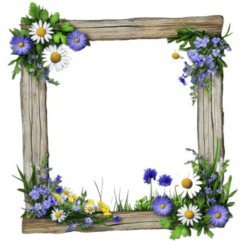 Decorative wooden frame adorned with colorful flowers and greenery png
