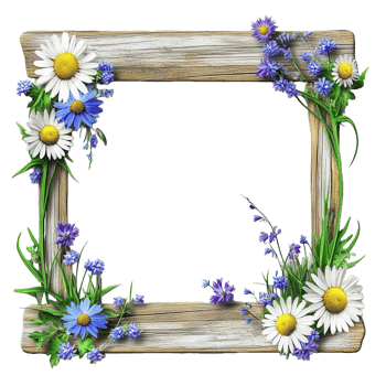 A wooden frame adorned with colorful flowers and green foliage png