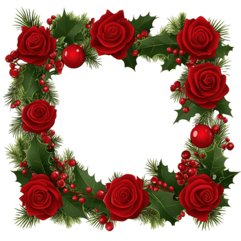 A decorative floral square featuring red roses and holly png