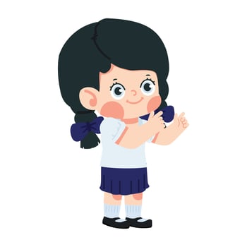 Schoolgirl raises both hands pointing vector