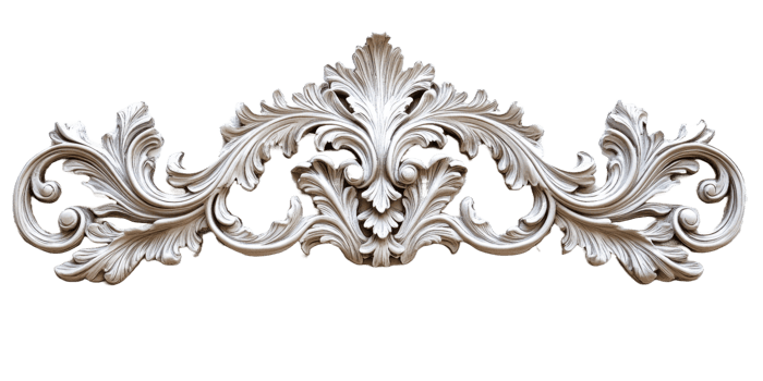 An ornate decorative floral scroll design in a grayscale color png