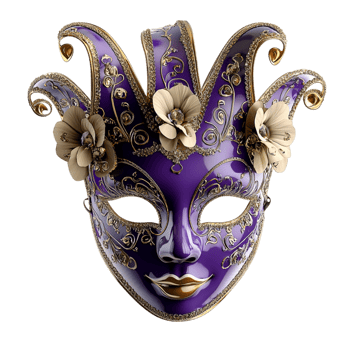 Mysterious violet mask adorned golden accents dazzling details, perfectly suited for festive masquerade balls elegant costume events. png