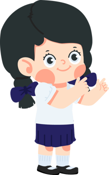 Schoolgirl raises both hands pointing cartoon flat png