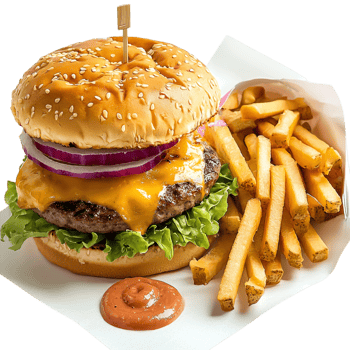 Hearty cheeseburger stacked vegetables golden fries, delivering an irresistible fastfood feast for indulgent cravings. png