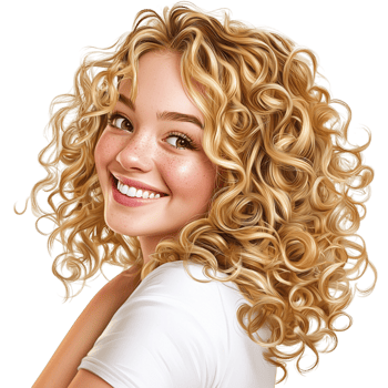 Radiant young woman flowing curly golden hair beams confidently, exuding warmth, elegance, an effortless sense of natural beauty. png