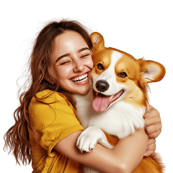 Young woman gently embracing her fluffy dog radiates warmth, happiness, the deeply cherished bond of humananimal companionship. png
