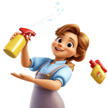 Cheerful girl curly hair joyfully sprays a bottle, embracing responsibility, creativity, the playful excitement of helping chores. png