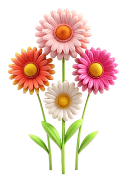 A delightful bouquet of four vibrant gerbera daisies in pink orange and white png