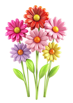 Vibrant Bouquet of Colorful Cartoon Daisies Flowers in 3D Render png