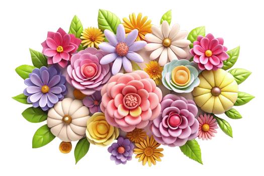 Vibrant 3D of a Colorful Flower Bouquet with Lush Green Leaves png