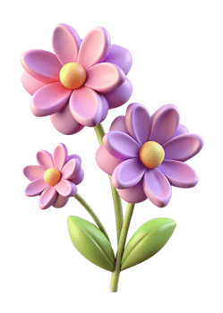 Three Dimensional Render of Cute Cartoon Flowers Bouquet with Pink and Purple Petals and Green Leaves png