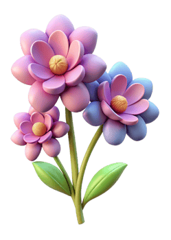 Three dimensional render of a charming bouquet of cartoon flowers with pastel colors png
