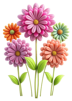 Vibrant Bouquet of Five Colorful 3D Flowers with Green Leaves png