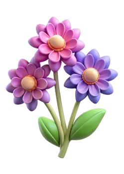 Three Dimensional Render of Cute Cartoon Flowers with Pink and Purple Petals and Green Leaves png