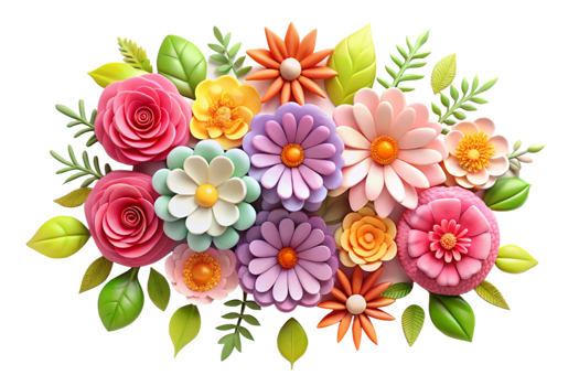 Vibrant 3D Render of a Colorful Flower Bouquet with Paper Flowers and Lush Green Leaves png