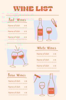 Wine list menu template with hand drawn doodle style illustrations of red, white and rose wines for restaurants vector