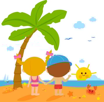 A boy and a girl holding hands under a palm tree at the beach, looking at the sunset. Happy children on a summer vacation island. vector