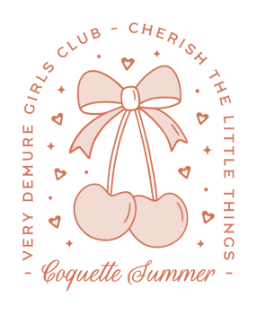 Coquette summer very demure girls club girly preppy orange pink cherry with bow aesthetic retro vintage cute trendy quotes cherish the little things poster sticker shirt design transparent background png
