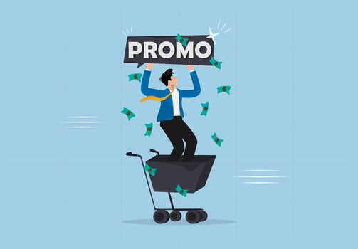 Businessman Promoting Sales and Discounts Using a Shopping Cart, Representing E-commerce Growth and Online Marketing. vector