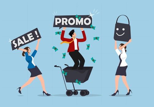 Excited Shoppers Running Towards Big Discounts and Promotions with a Businessman Holding a Promo Sign in an E-commerce Shopping Concept. vector