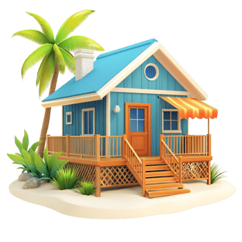 Cozy Wooden Beach House with Palm Trees png