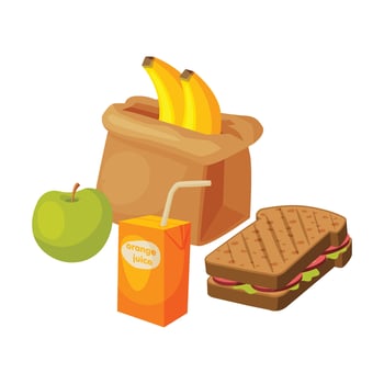 Paper Bag Package with Healthy Breakfast, Orange Juice, Apple, Banana, Sandwich Illustration vector