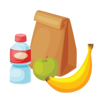 Paper Bag Package with Healthy Breakfast, Plastic Bottle of Water, Apple, Banana Illustration vector