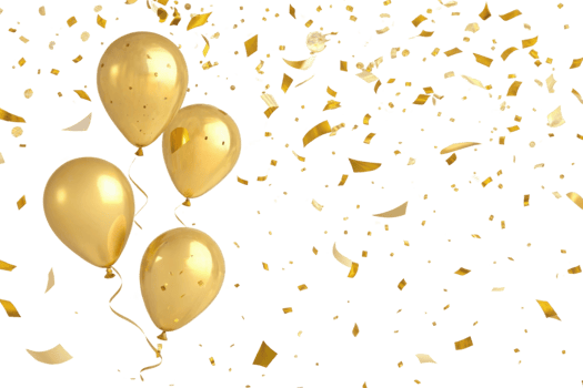 Golden balloons float amidst shower of confetti creating vibrant celebration atmosphere filled with joy and excitement png