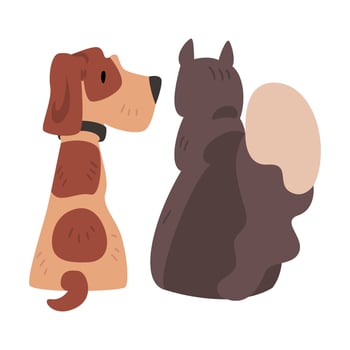 Funny Cat and Dog Sitting Together, Back View, Happy Pets Animals Characters are Best Friends illustration vector