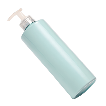 A sleek, cylindrical shampoo bottle in a soft blue pastel color with a pump dispenser png