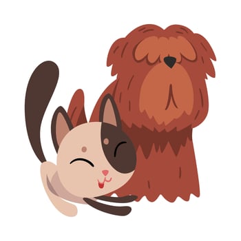 Funny Cat and Dog Playing Together, Cute Pets Animals Characters are Best Friends illustration vector