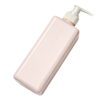 A sleek, rectangular shampoo bottle in a soft pink pastel color with a pump dispenser png