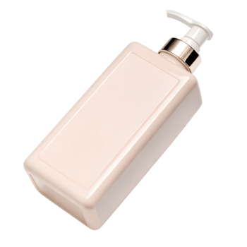 A sleek, rectangular shampoo bottle in a soft pink pastel color with a white and silver pump dispenser png