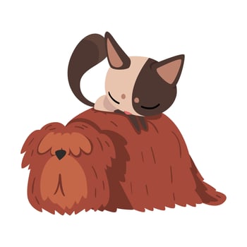 Funny Kitten Lying on the Dogs Back, Cute Pets Animals Characters are Best Friends illustration vector