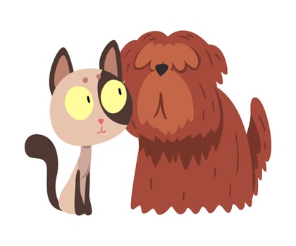 Funny Kitten and Dog Sitting Together, Cute Pets Animals Characters are Best Friends illustration vector