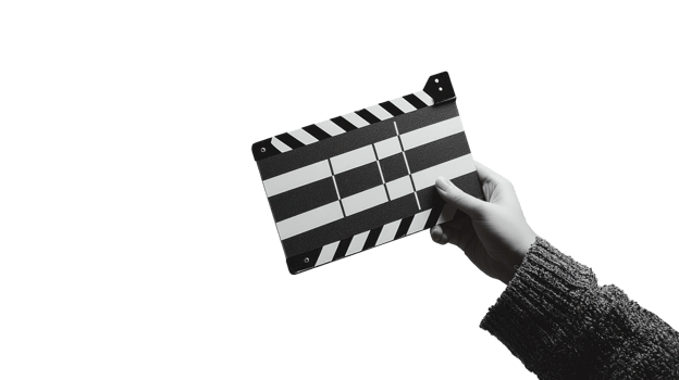 Arm holding movie clapperboard, isolated on transparent background png