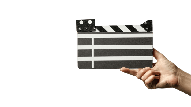 Hand holding film clapperboard, isolated on transparent background png