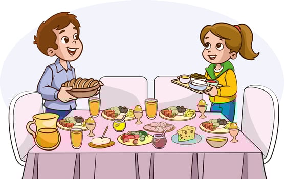 Boy and girl preparing breakfast table. cartoon illustration. vector